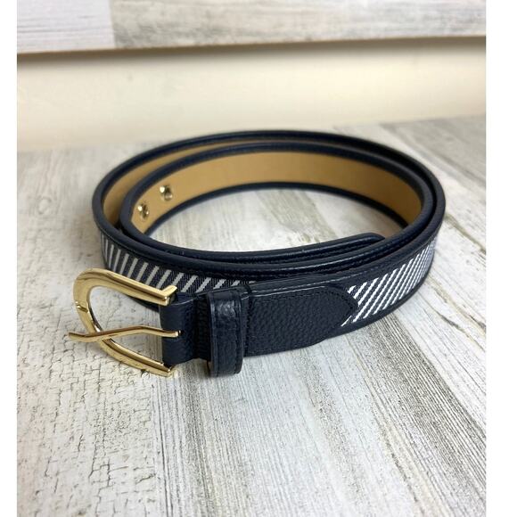Talbots Women’s Large Navy Blue White Stripe Leather Fabric Belt New casual - Picture 1 of 6